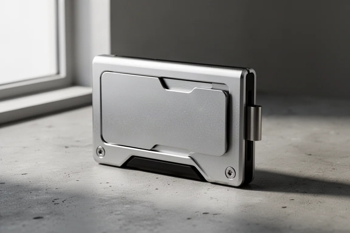 Slim aluminum minimalist wallet with titanium money clip on a concrete surface