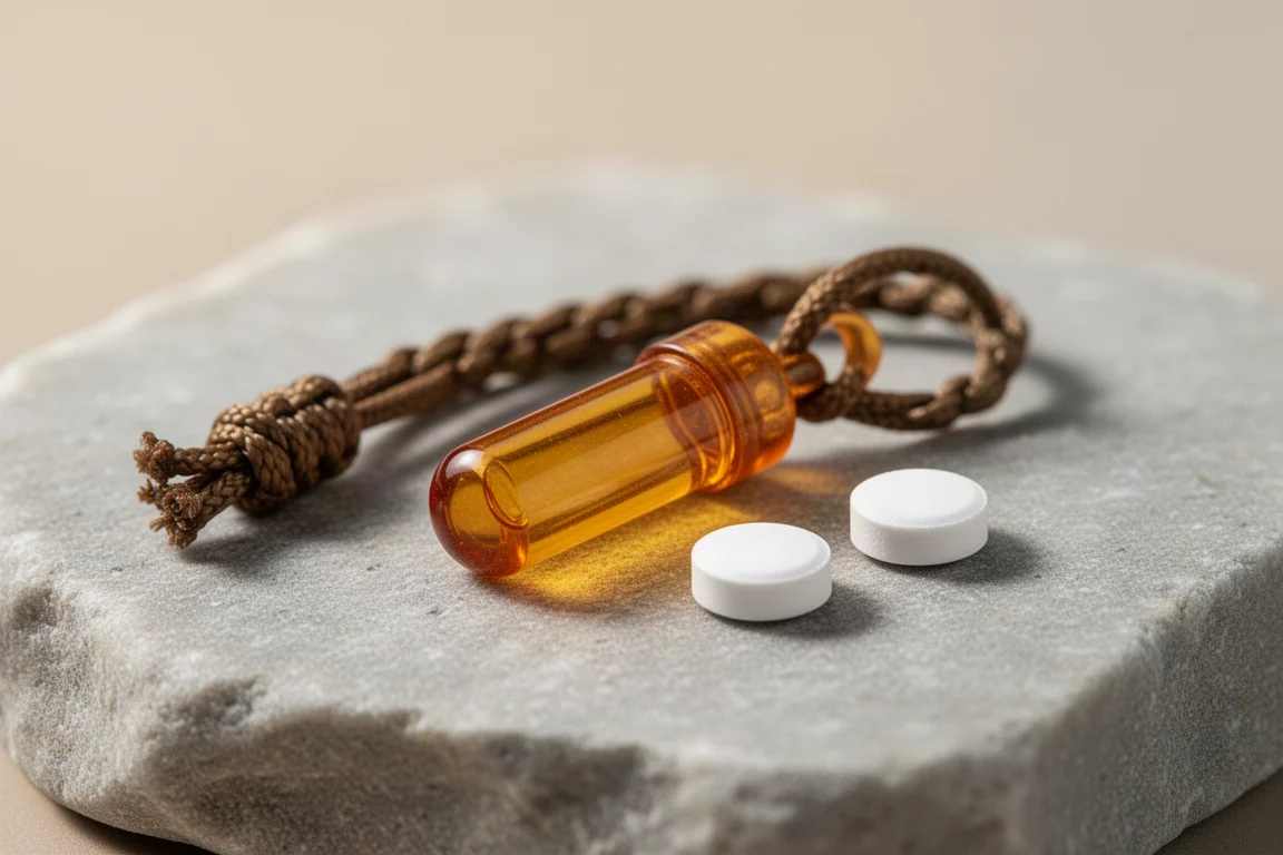 Pequena cápsula à prova d'água com tampa de quatro laços e cordão de paracord sobre superfície de pedra