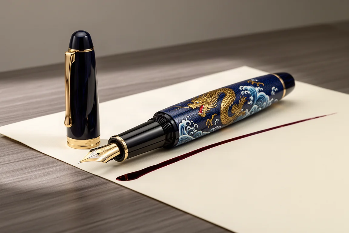 Danitrio Seiryu fountain pen with blue dragon urushi artwork on a wooden desk