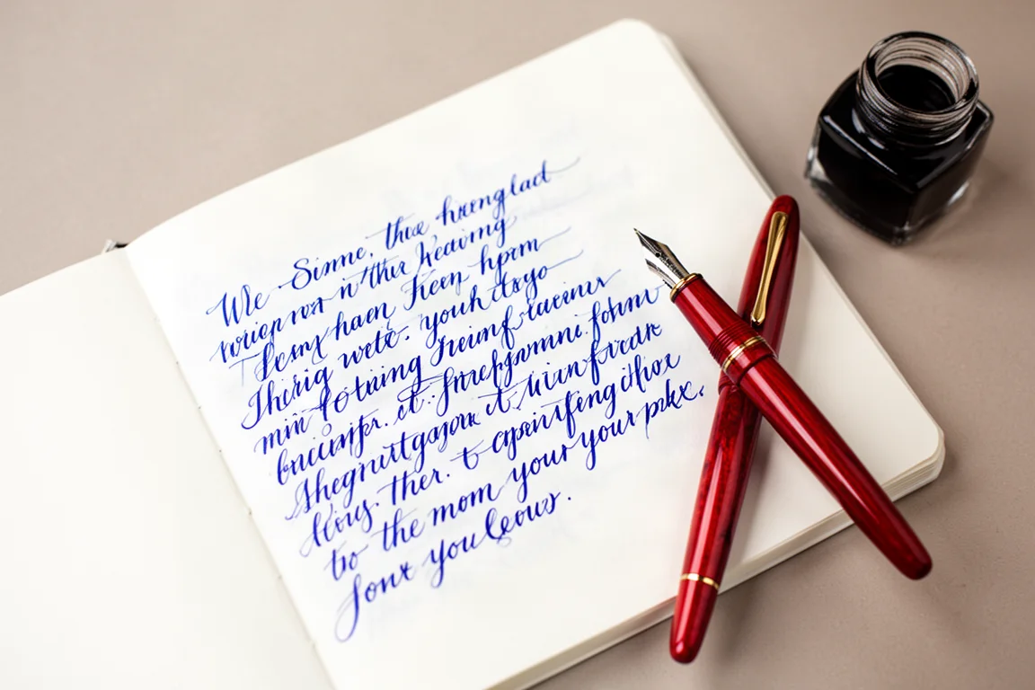 Schriftprobe eines Füllfederhalters mit leuchtend blauer Tinte auf weißem Papier