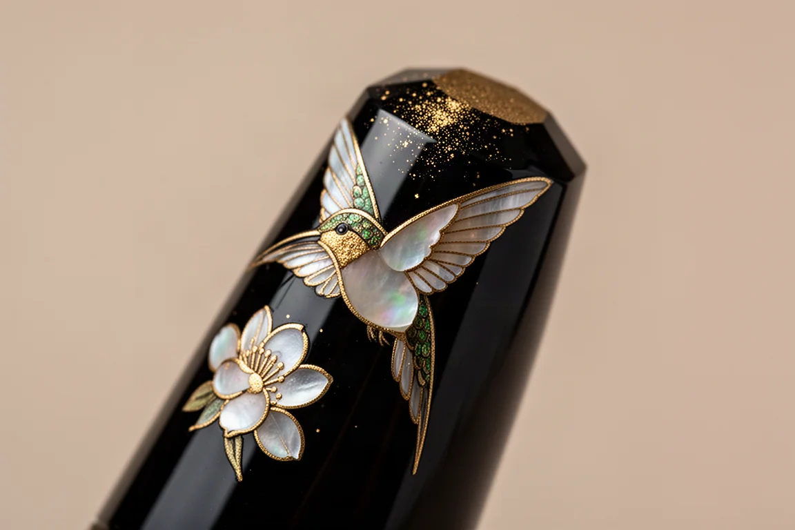 Capuchon laqué noir brillant du stylo-plume montrant un colibri et des hibiscus en incrustations d'or et de nacre