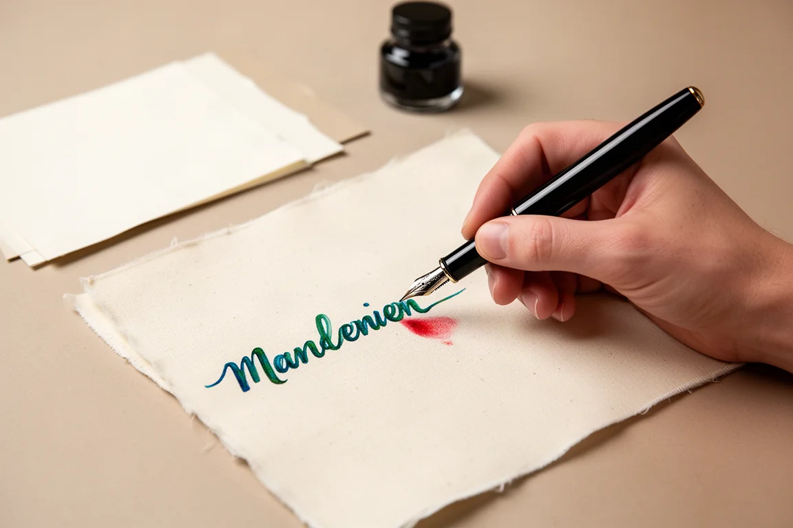 Stylo-plume en main pendant l'écriture sur papier crème avec une encre bleu-vert