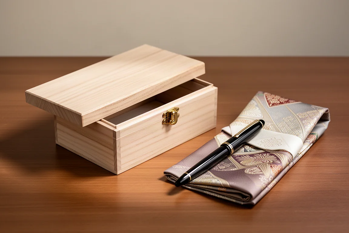 Présentation d'un stylo-plume de luxe avec boîte en bois tendre et étui en tissu de kimono