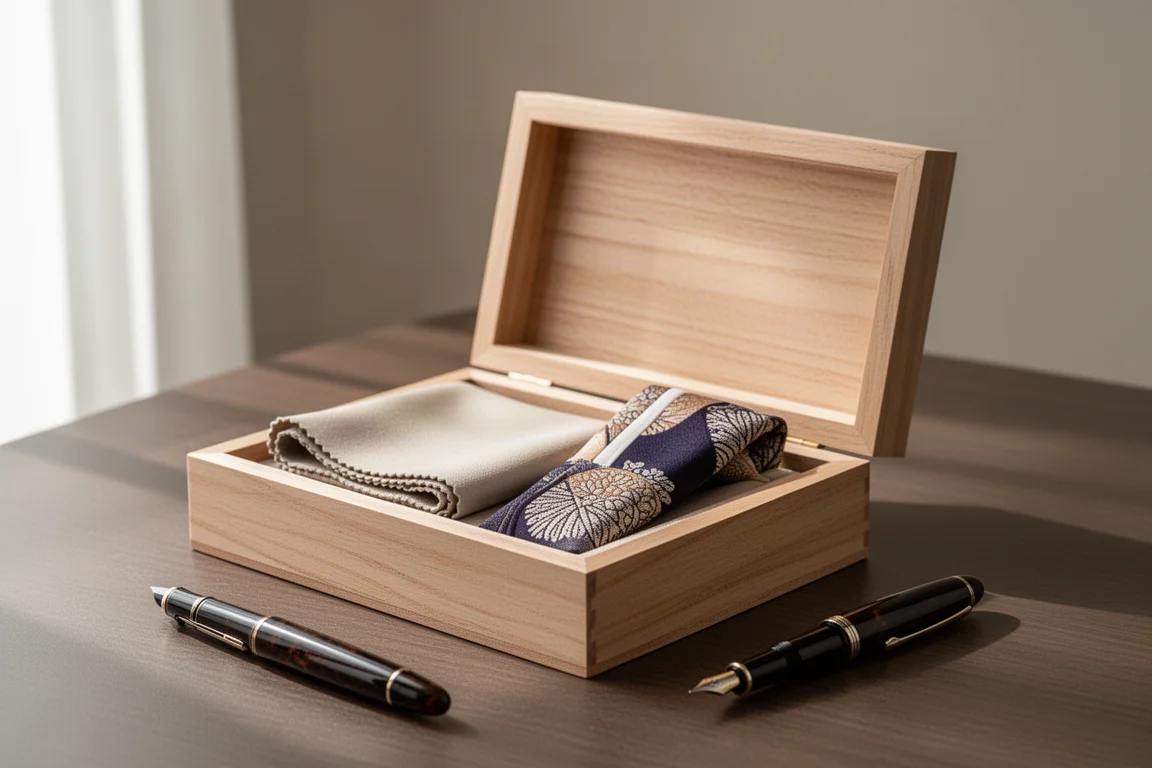 Pluma estilográfica de lujo reposando en una abierta caja de presentación de madera suave
