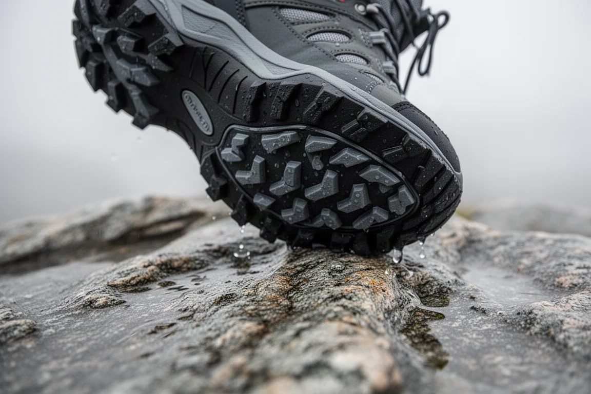 Vue rapprochée de la semelle d'une chaussure de randonnée agrippant un rocher granitique incliné sur une pente de montagne