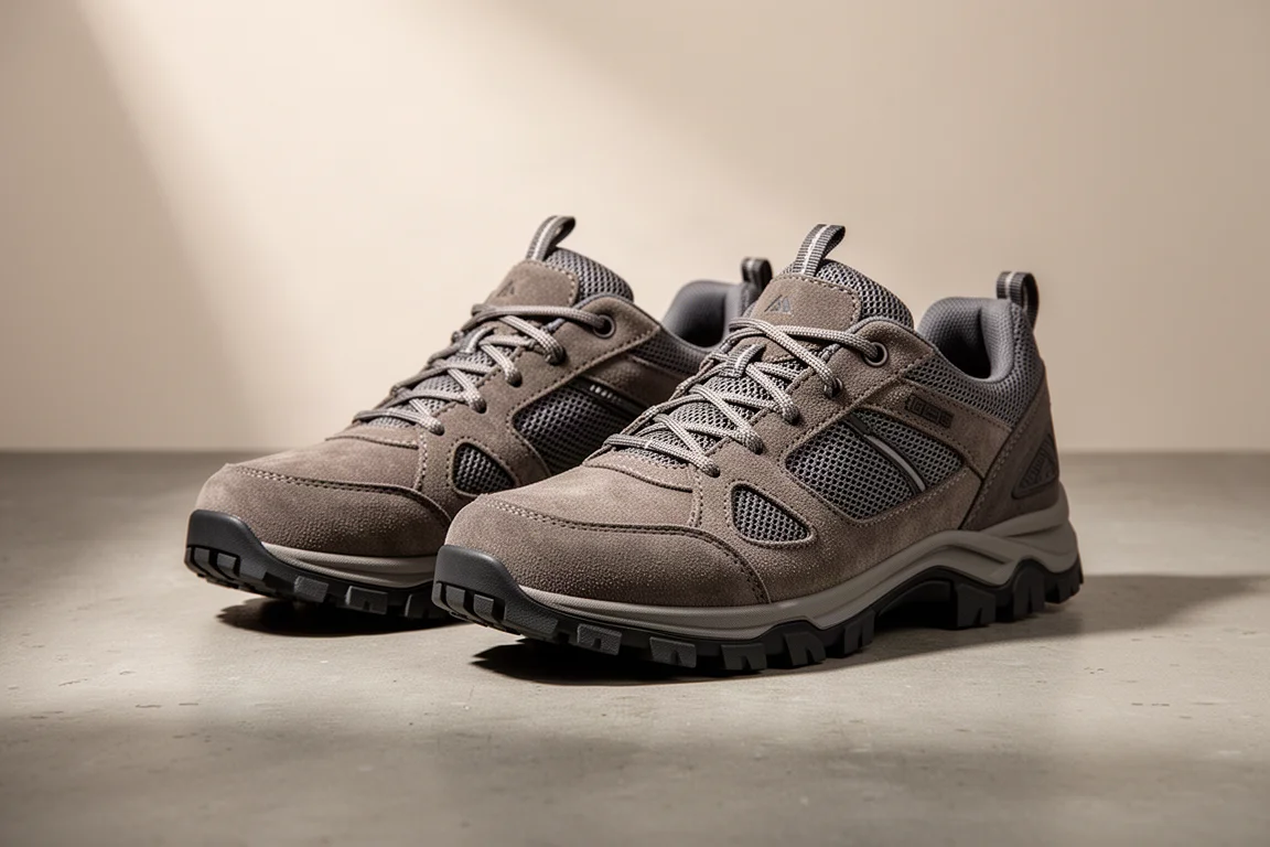 Three hiking shoes including a mid-height boot version arranged on a concrete surface