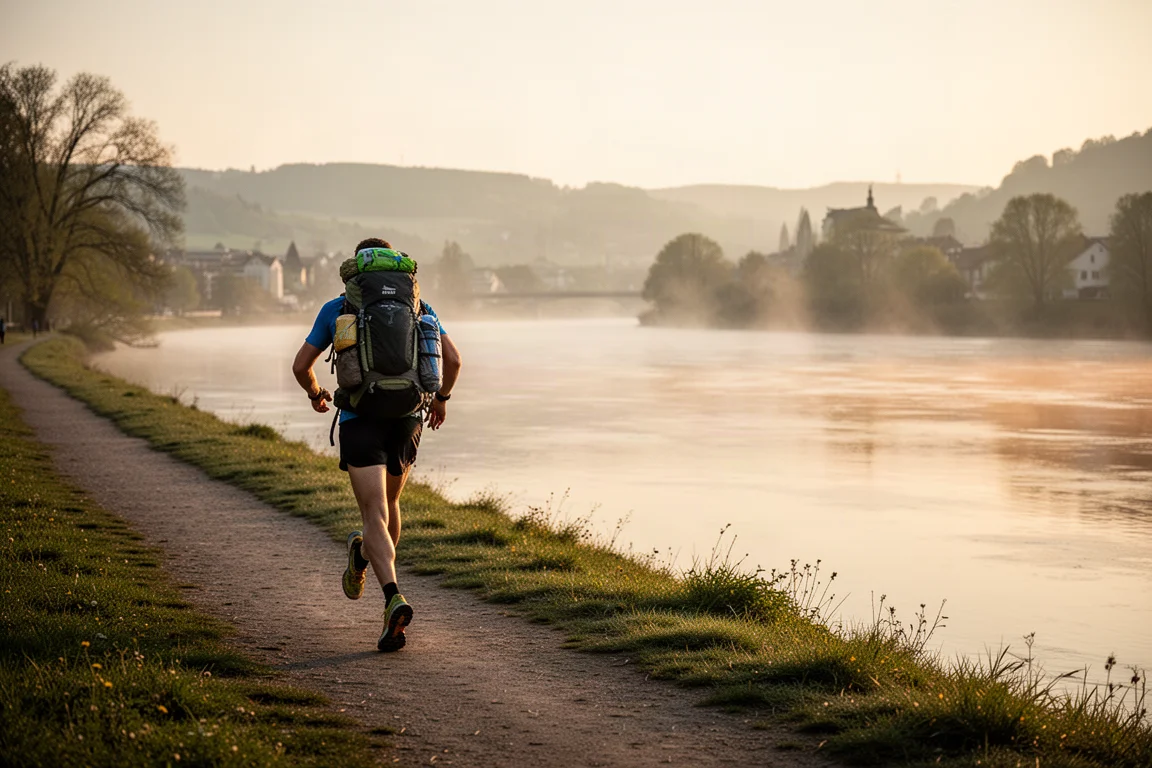 Trail runner walking at dawn beside a European river with a loaded backpack