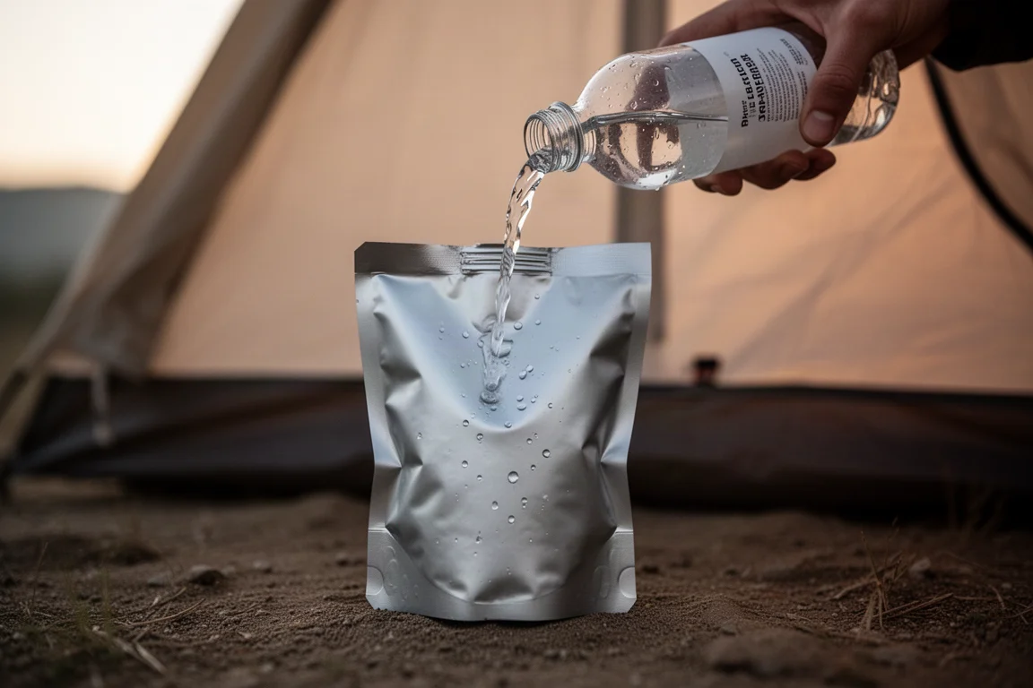 Close-up of a shake pouch being mixed with water at a campsite
