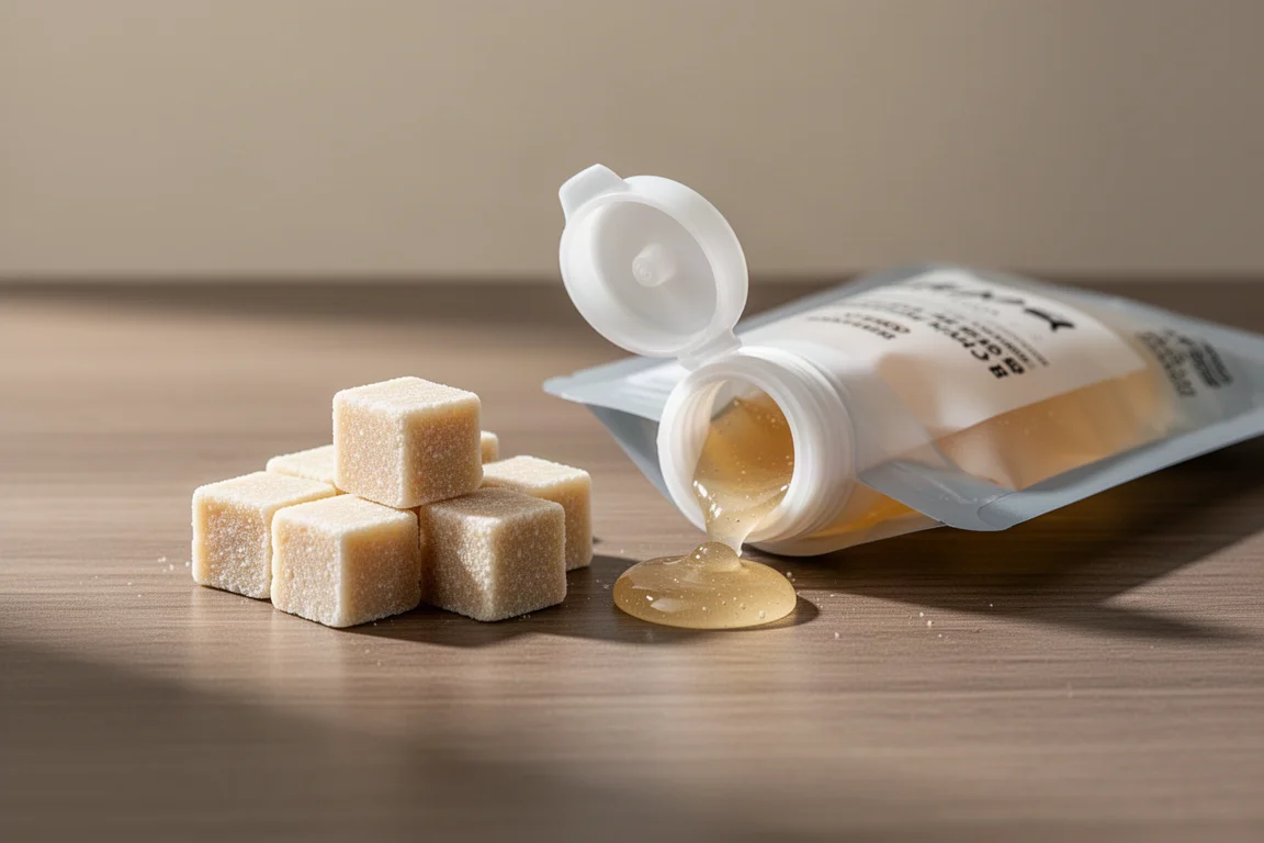 Handful of energy chews and a small resealable gel pouch on a wooden surface