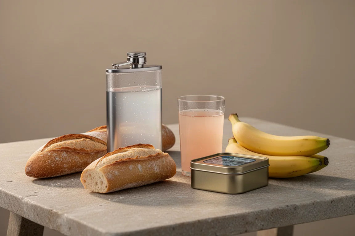 Bottle of electrolyte water beside a supermarket dinner of bread and fruit