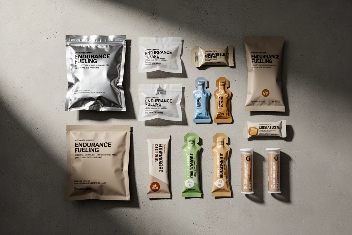 Assortment of compact endurance fuelling products arranged on a concrete surface