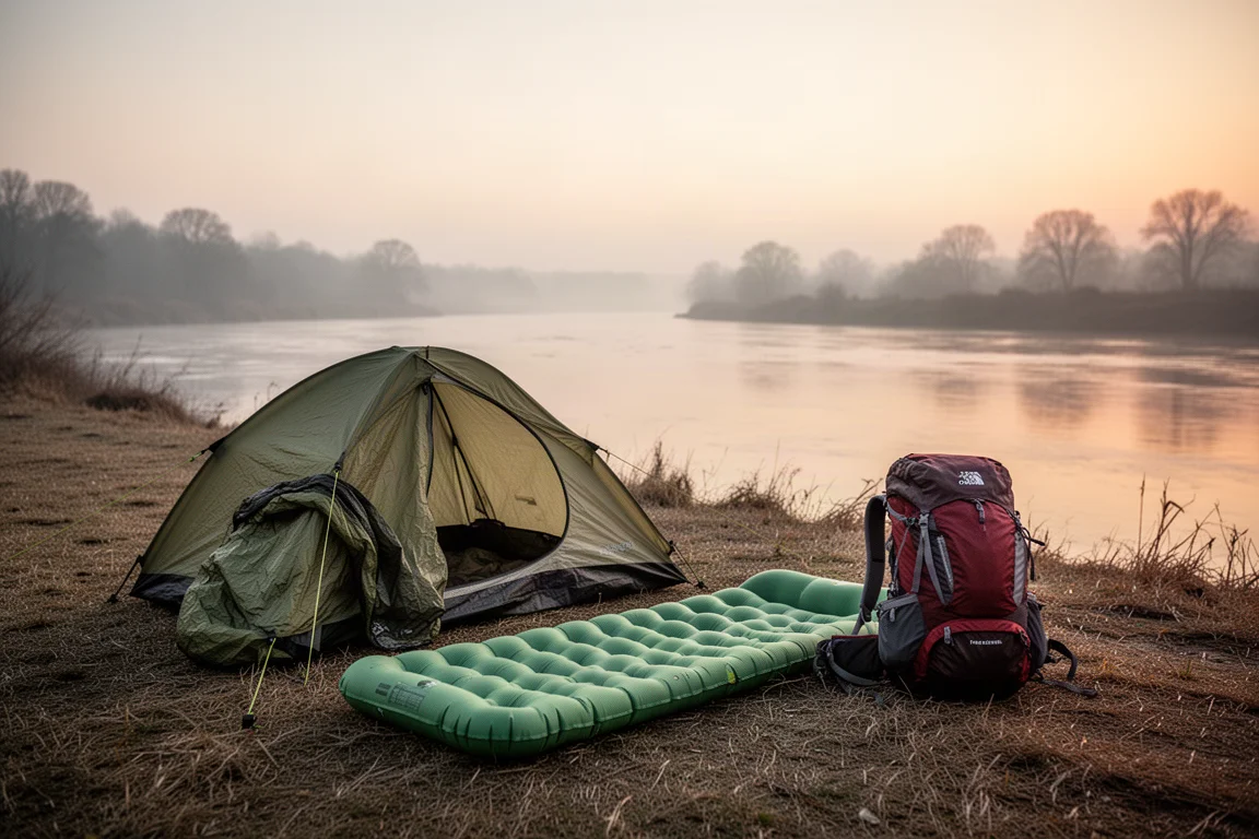 Biwaksack und Isomatte neben einem Laufrucksack an einem Campingplatz am Flussufer ausgelegt