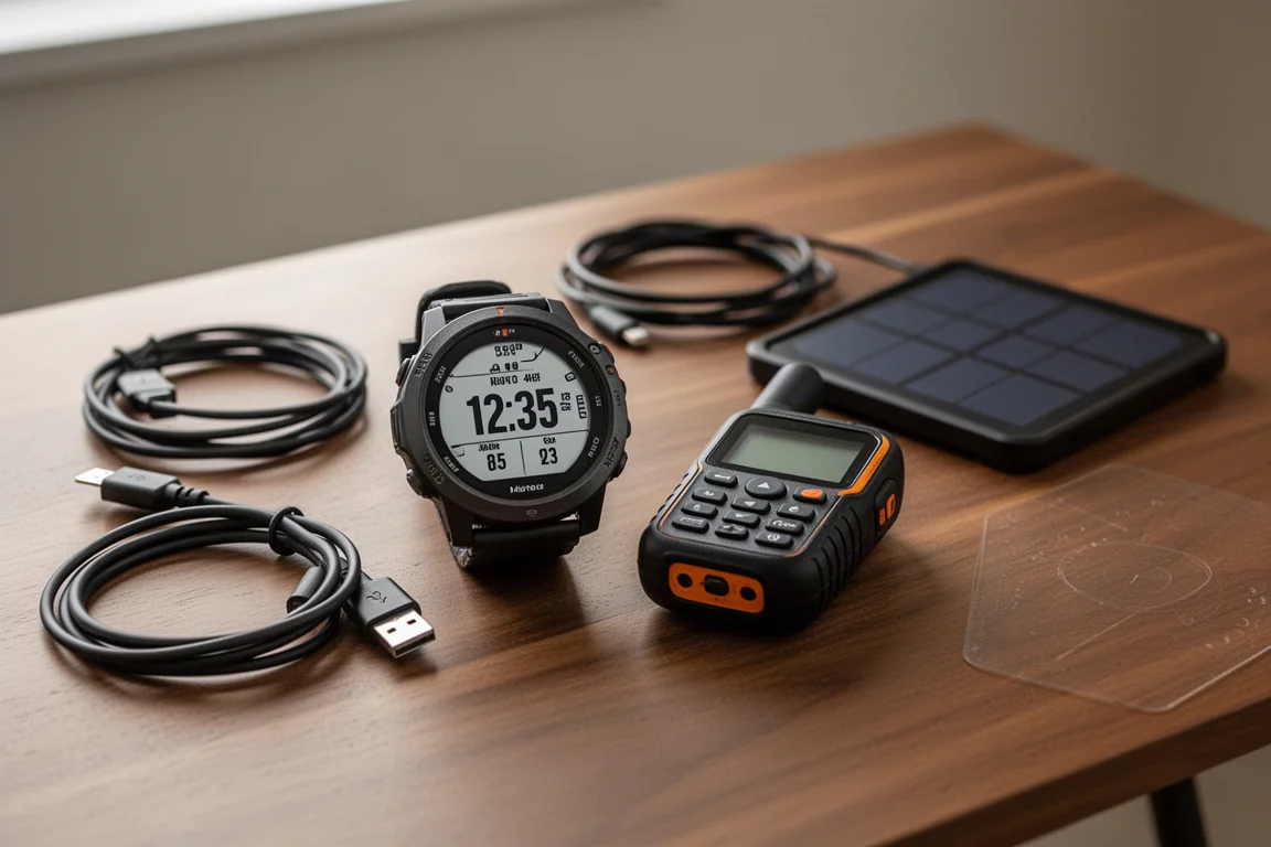 GPS-Sportuhr und Satellitenkommunikator auf einem Tisch neben Ladekabeln