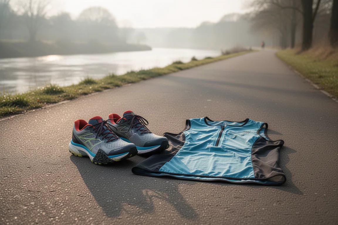 Trailrunningschuhe und Laufweste liegen auf Asphalt neben einem stillen Uferweg