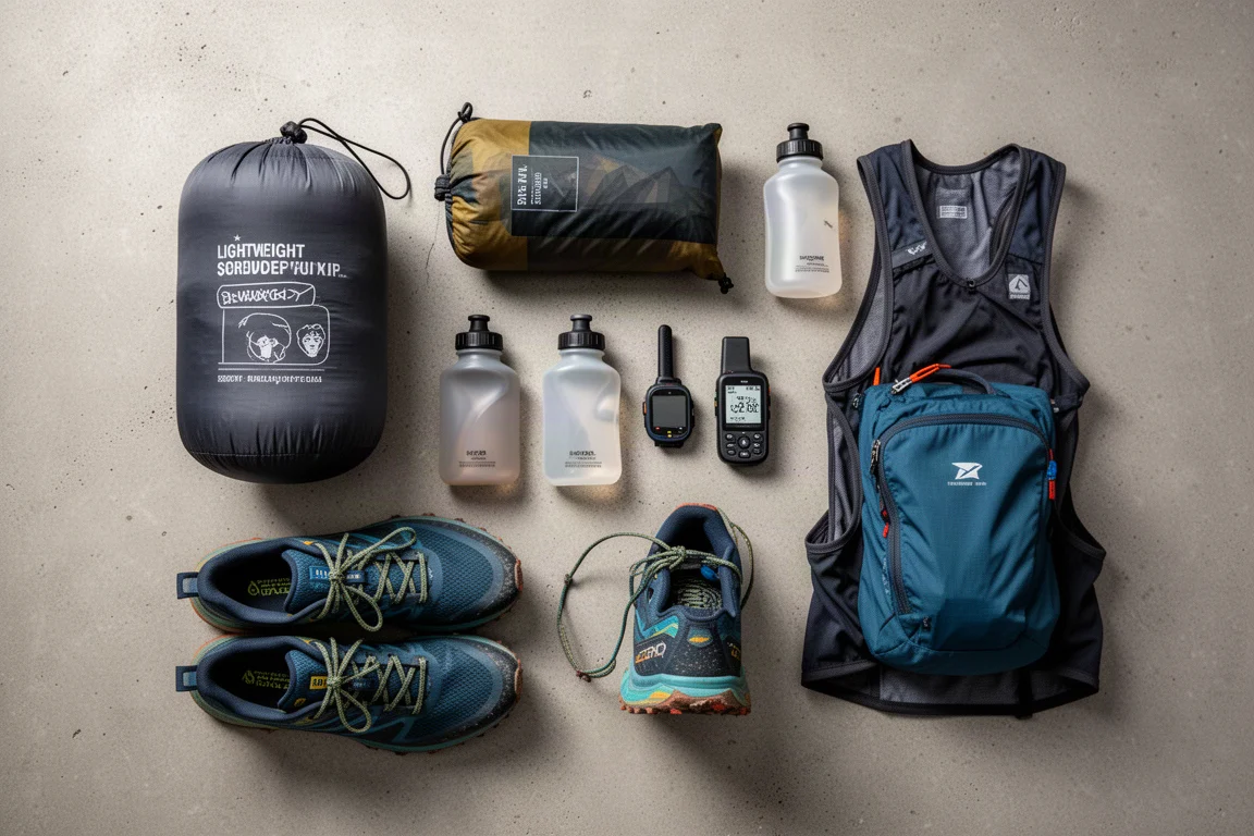 Flat-lay of multi-day running kit including sleeping bag, bottles, watch, and shoes on concrete