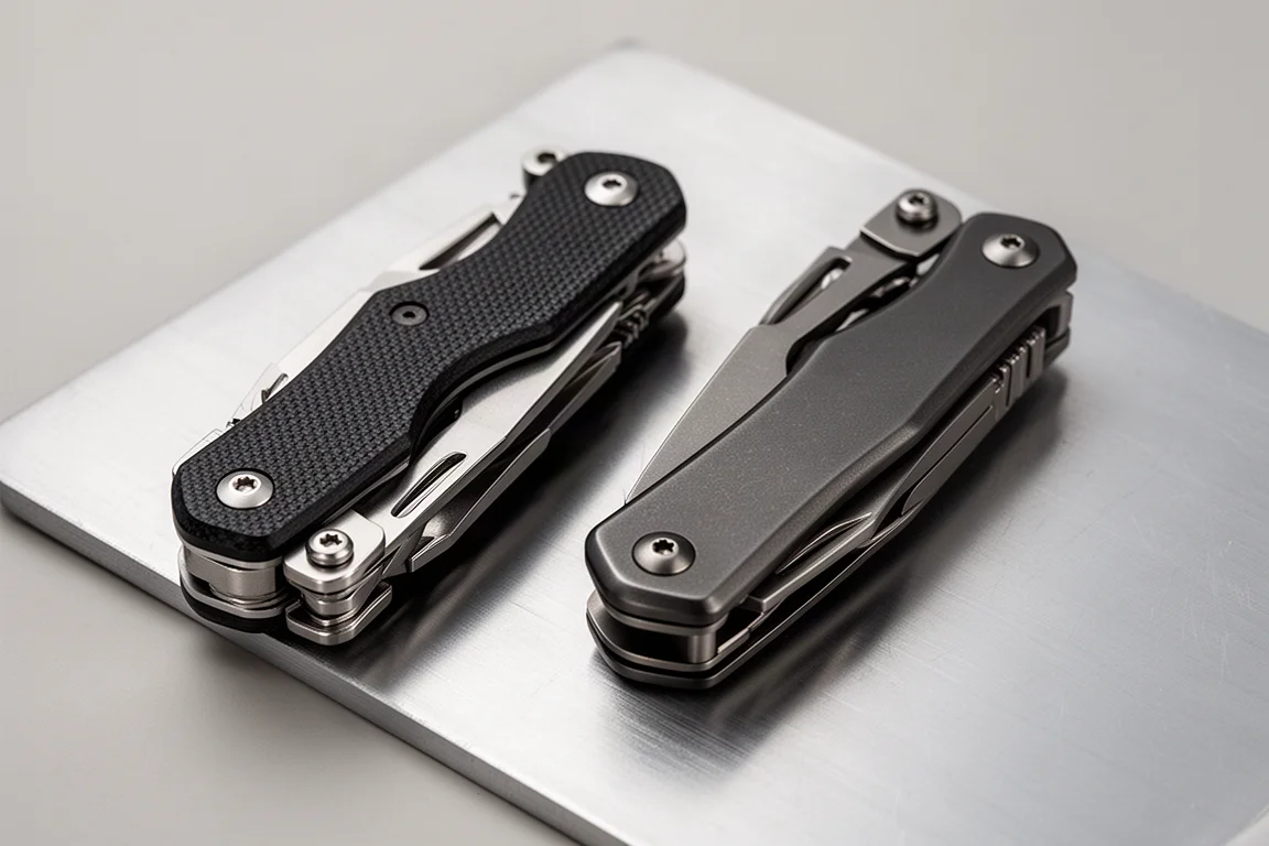 Dos acabados de asas de multiherramienta lado a lado mostrando plaquitas G10 y de metal