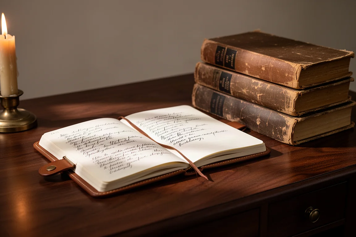 Diario aperto e stilografica accanto a libri antichi su una scrivania di legno scuro