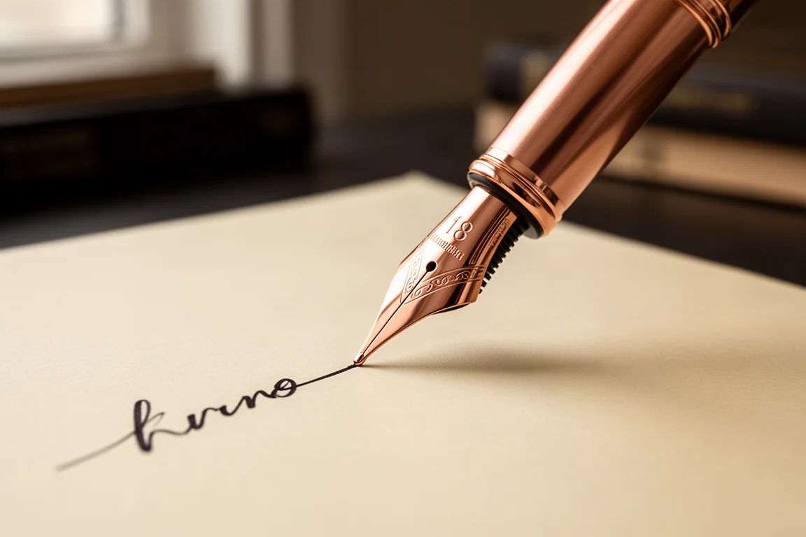 Primo piano di un pennino in oro rosa di una stilografica appoggiato su carta da scrittura color crema