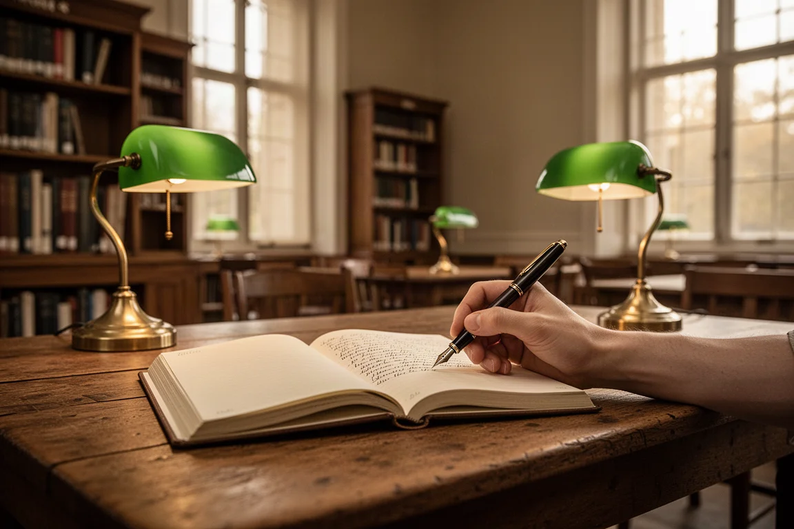 Persona che scrive un diario in un'antica sala di lettura di biblioteca circondata da libri