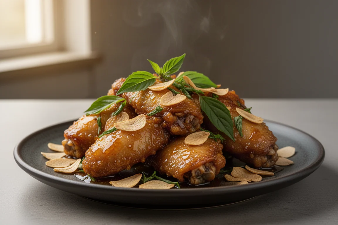 Knusprige glasierte Chicken Wings auf einem Teller mit frittiertem Knoblauch und Kräutern