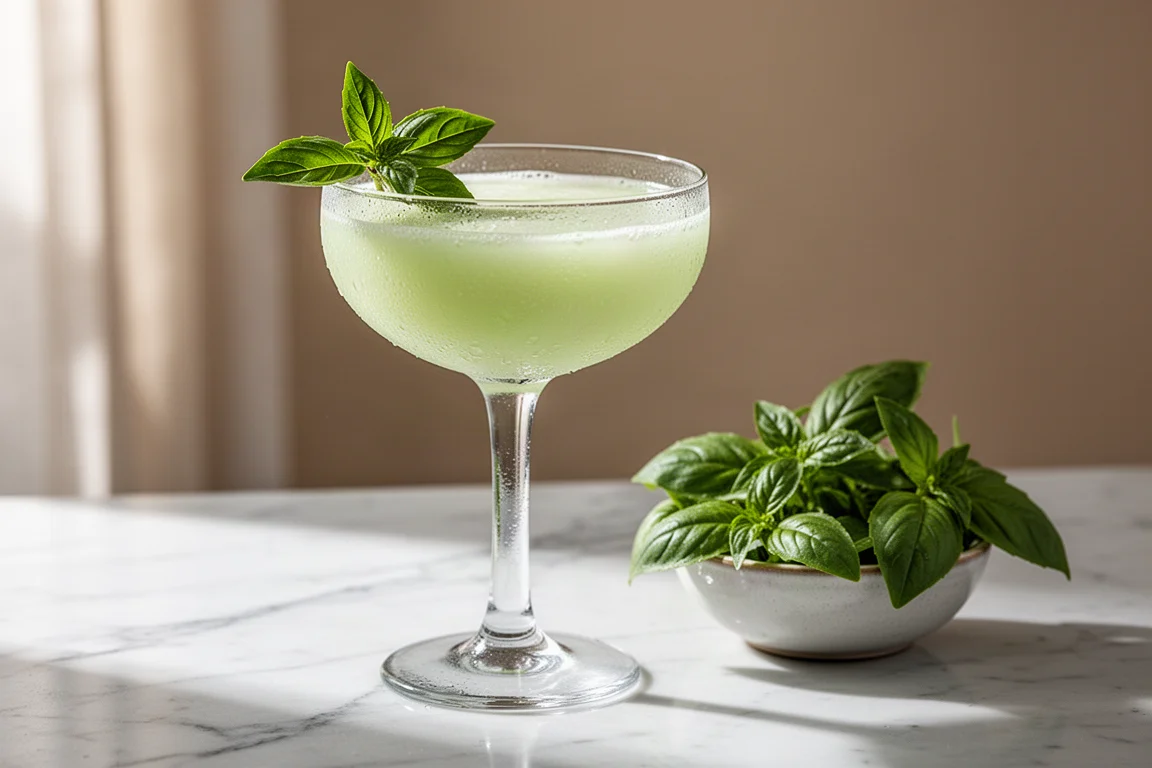 Blassgrüner Thai-Basilikum-Daiquiri in einer Coupé-Schale mit Basilikum-Garnitur