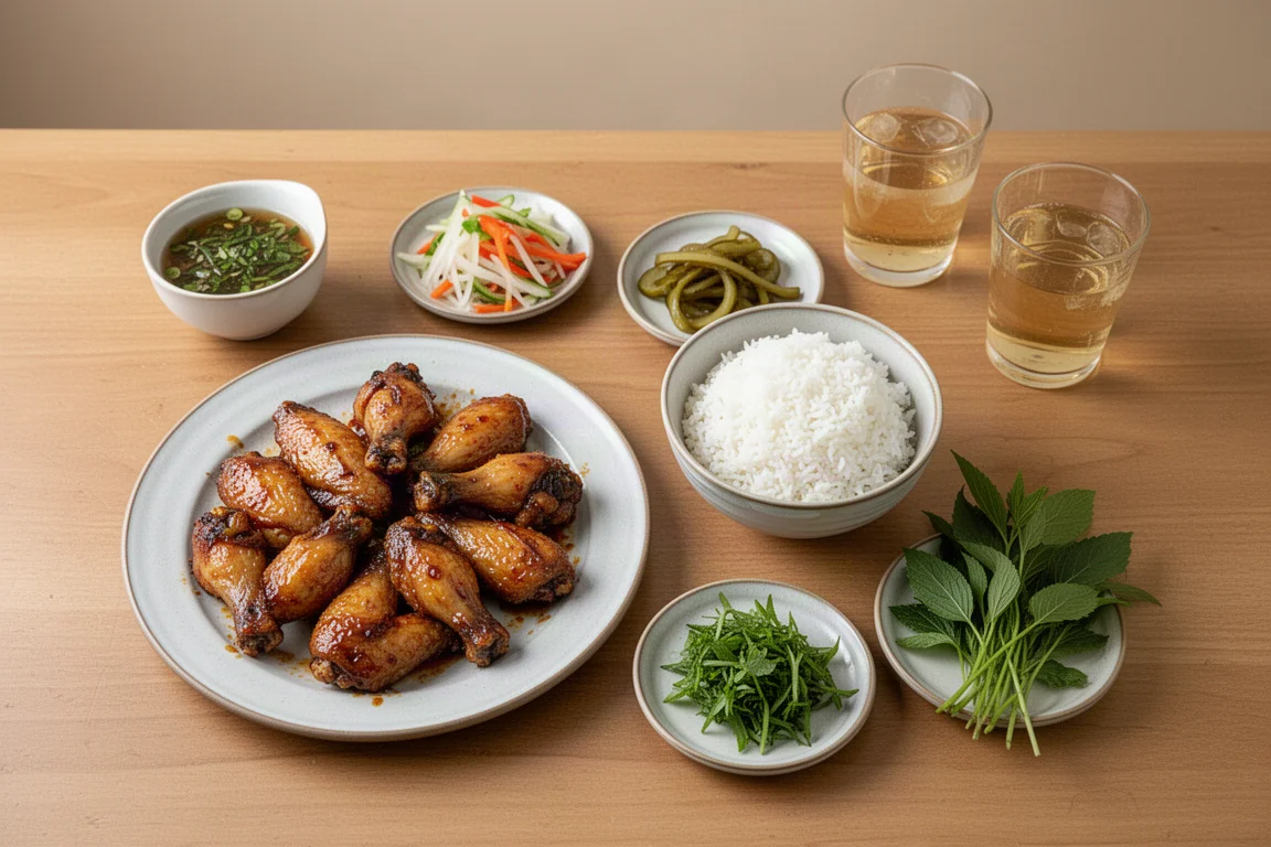 Aufsicht auf ein vietnamesisch angehauchtes, selbst gekochtes Essen mit Wings, Reis und Kräutern
