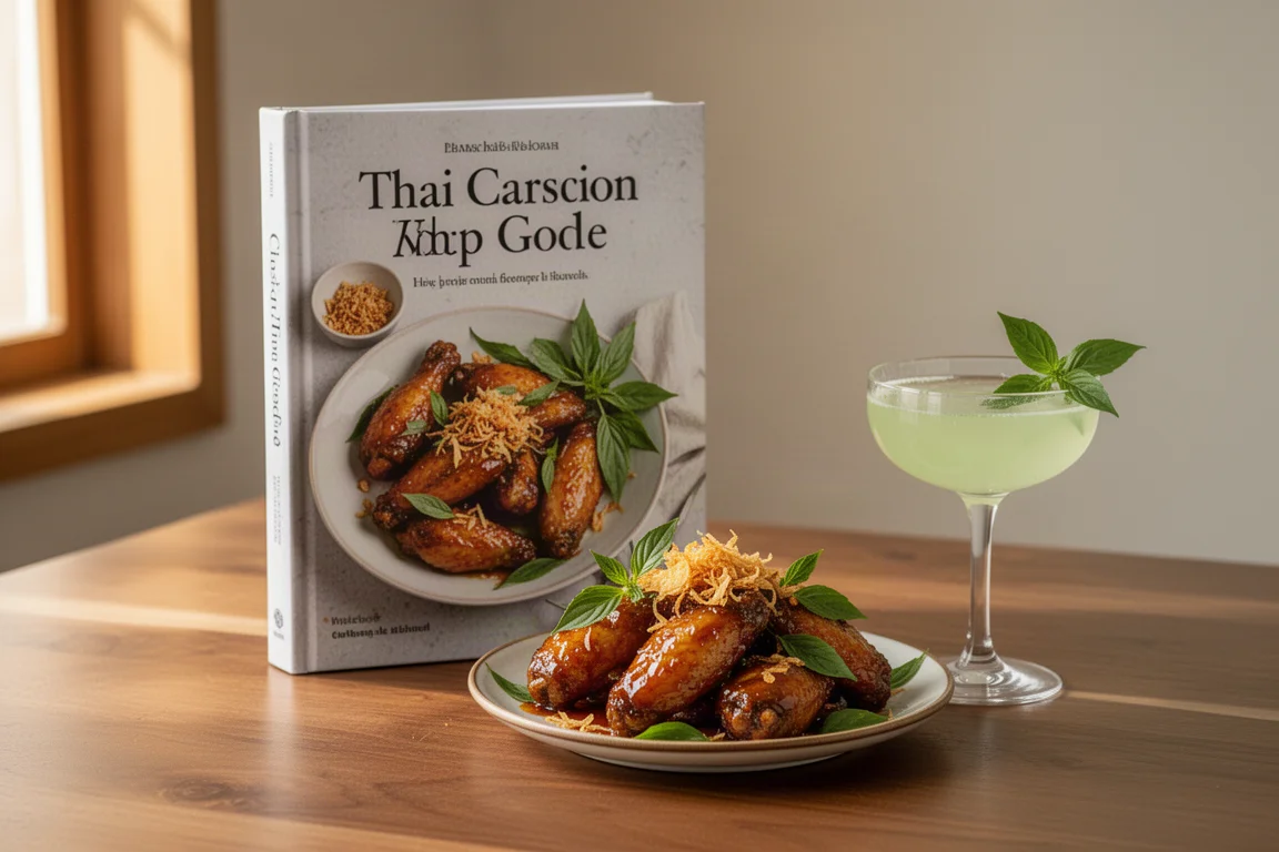 Cookbook beside glazed chicken wings and a basil daiquiri on a wooden table
