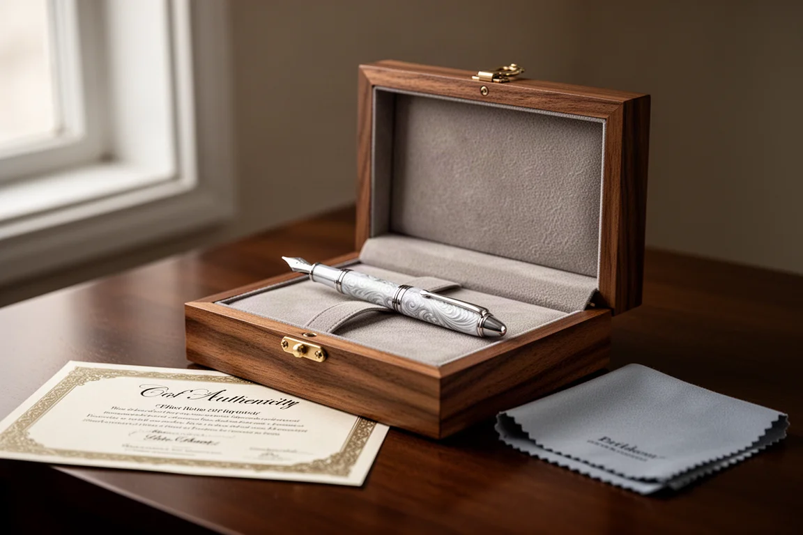 Penna stilografica in argento sterling adagiata in una confezione in legno foderata di feltro