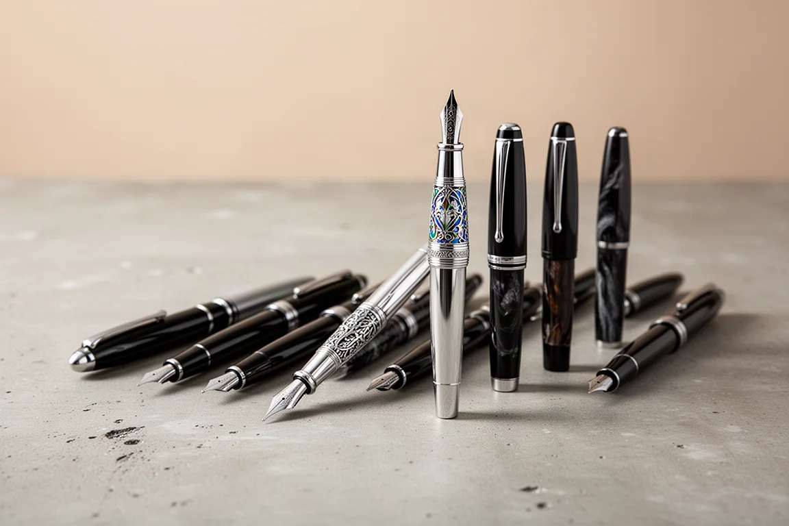 Penna stilografica di lusso su una scrivania accanto ad altre penne premium per confronto dimensionale
