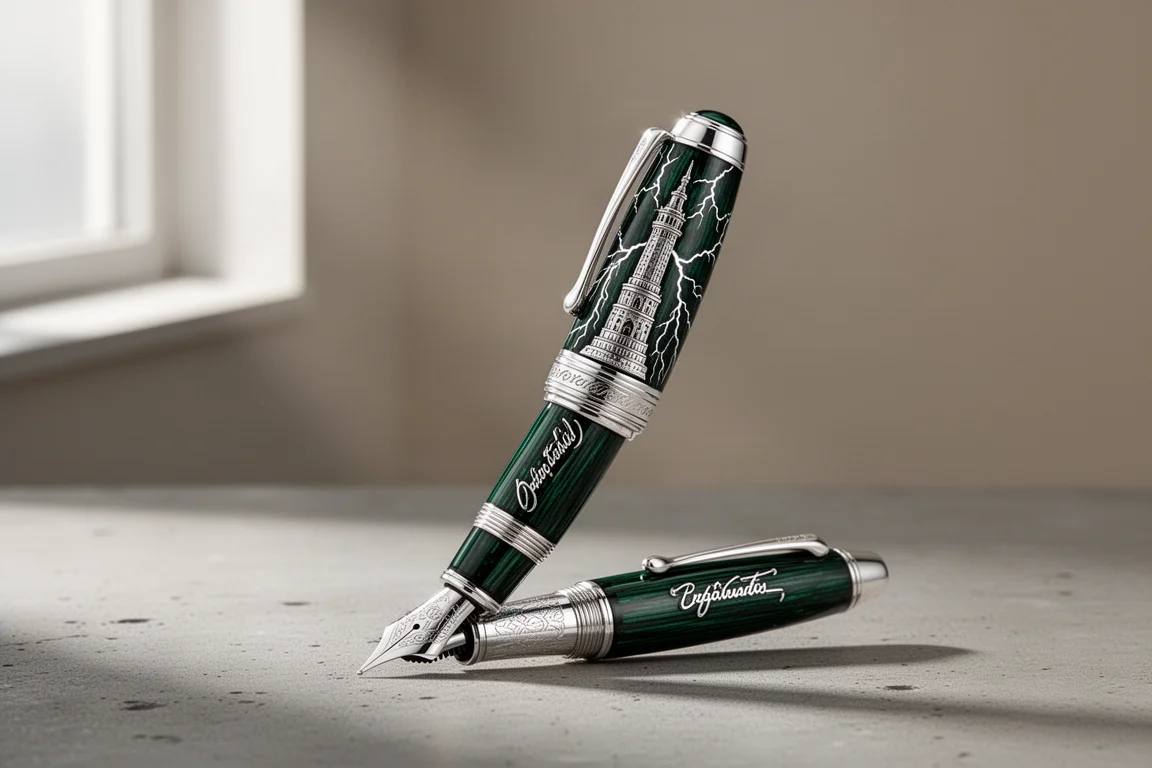 David Oscarson Nicola Tesla sterling silver fountain pen with dark green enamel on concrete surface