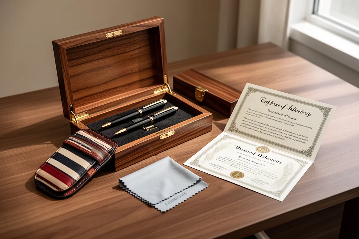 Präsentationsbox für einen Luxusfüllhalter mit Ledertasche und Zubehör