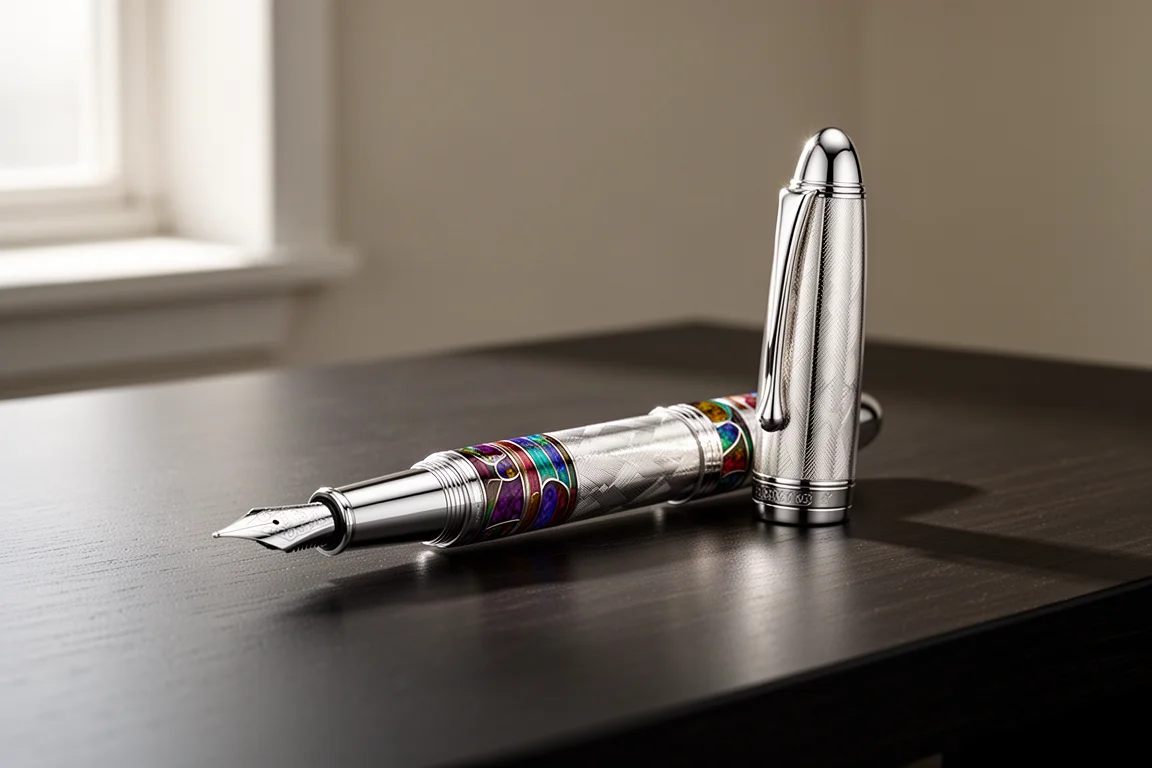 Sterling silver luxury fountain pen with enamel accents on a dark wood desk