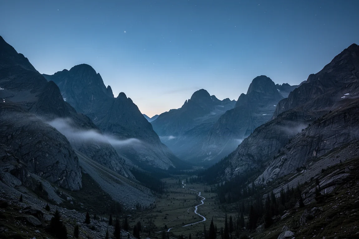 Vallée alpine reculée au crépuscule avec des pics de granite en silhouette et un sentier à peine visible
