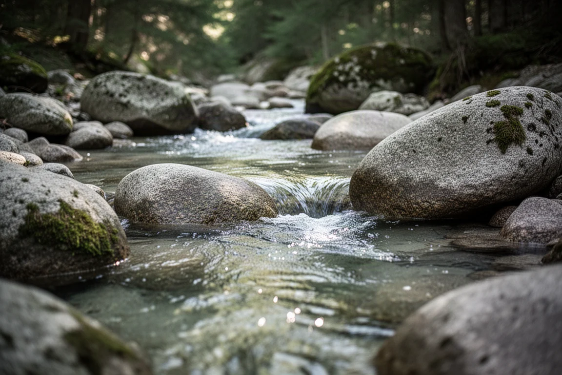 Ruisseau de montagne clair coulant sur des blocs de granite dans une lumière forestière tachetée