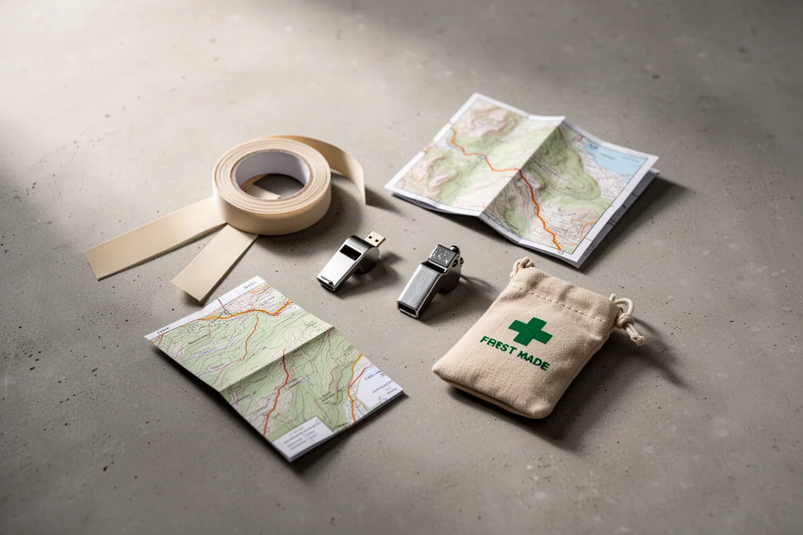 Vue à plat de petits accessoires de sécurité de randonnée incluant ruban adhésif, sifflet, briquet et carte pliée