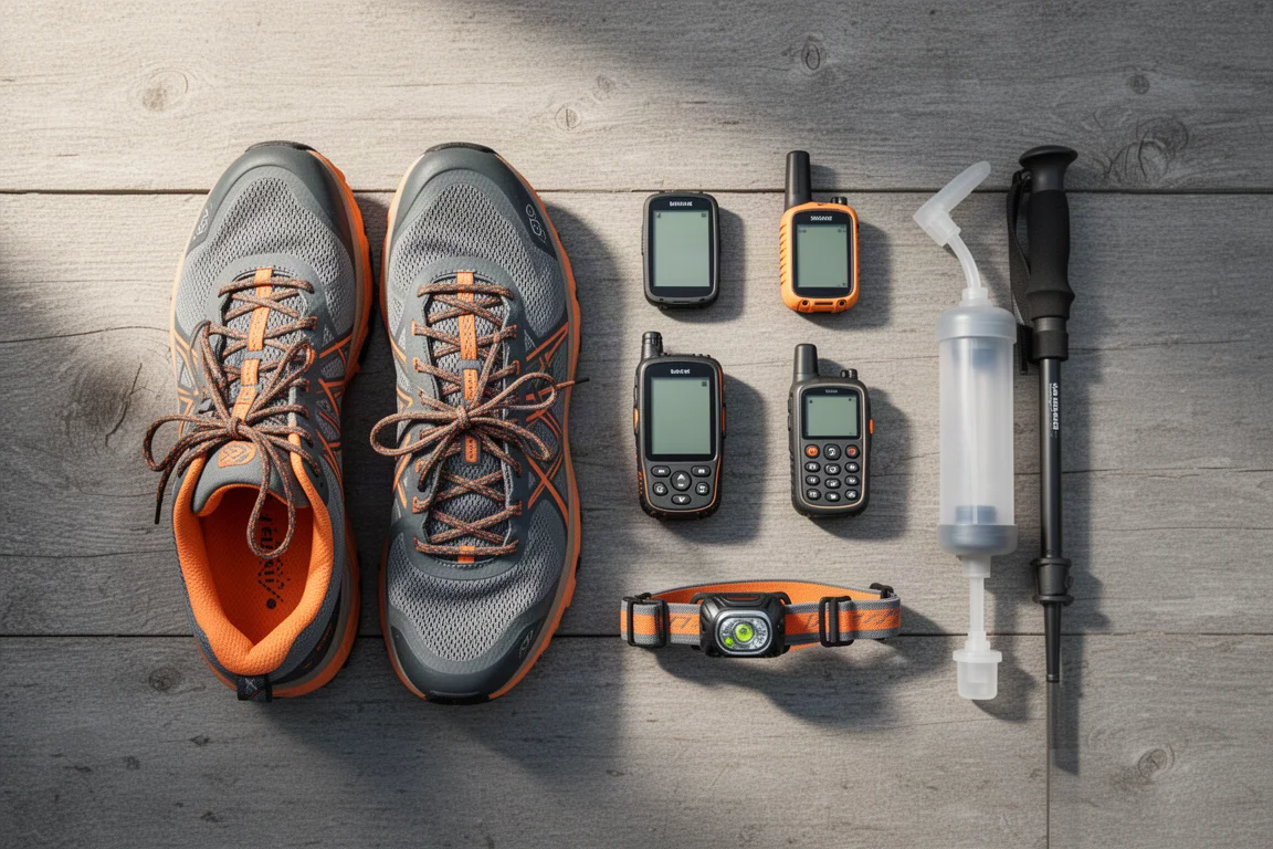 Vue à plat de matériel de randonnée à la journée vu de dessus, incluant chaussures de trail, GPS portable, communicateur satellite, filtre à eau, bâton de trekking et lampe frontale