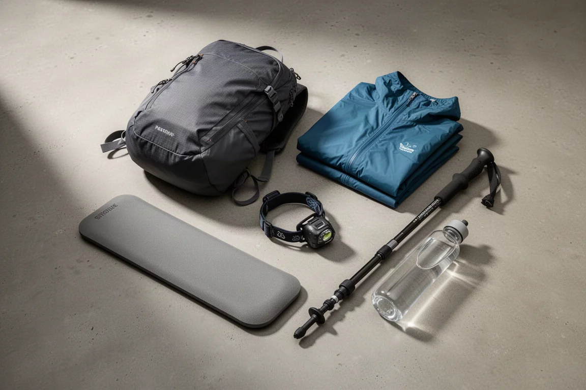Day hiking essentials arranged on a concrete surface with a daypack, pole and seat pad