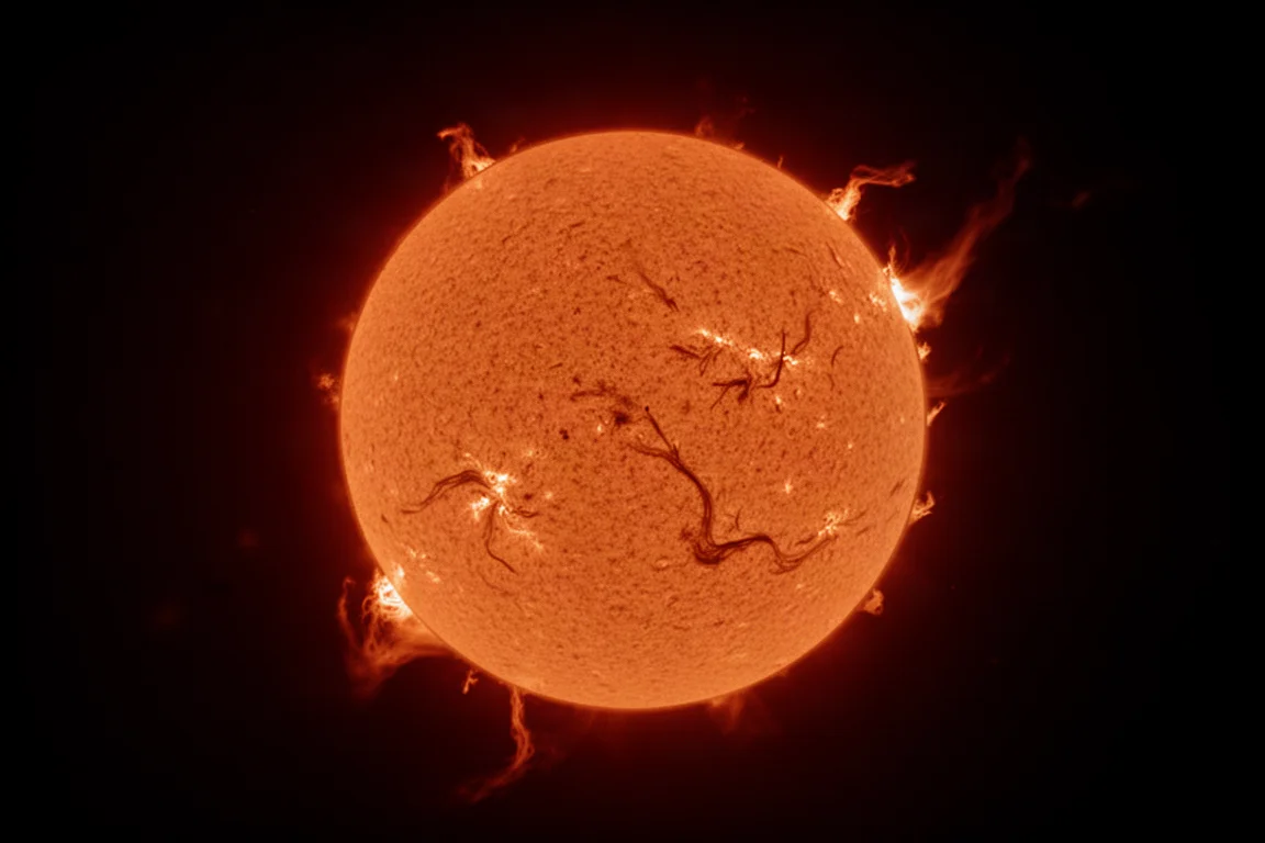 Durch ein H-Alpha-Filter betrachtete Sonne mit Protuberanzen und Oberflächendetails