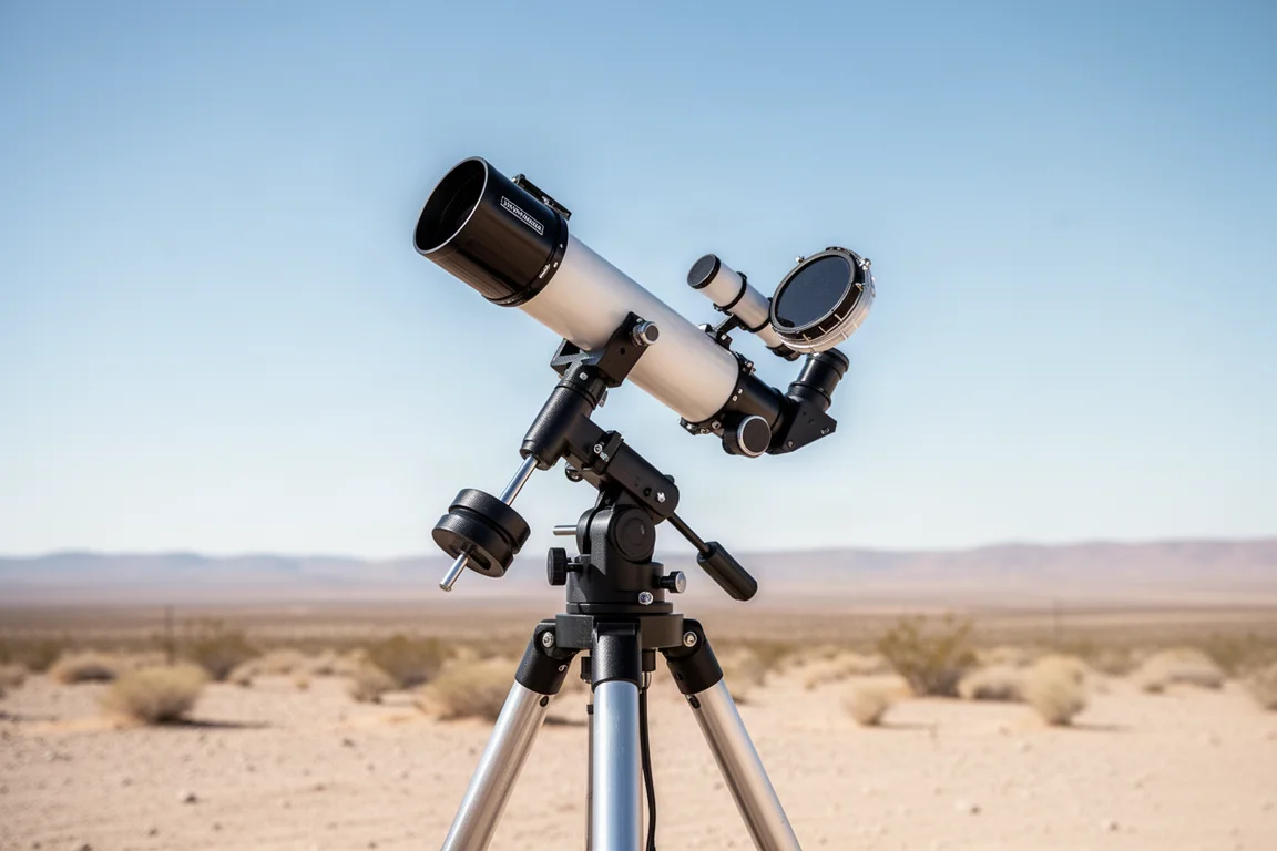 Sonnenteleskop und Refraktor auf einer Montierung unter klarem Himmel aufgebaut