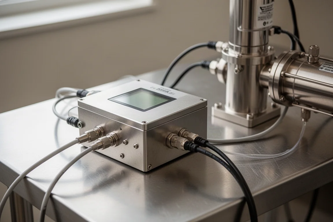 Nahaufnahme einer thermoelektrischen Temperaturregelung mit angeschlossener Verkabelung