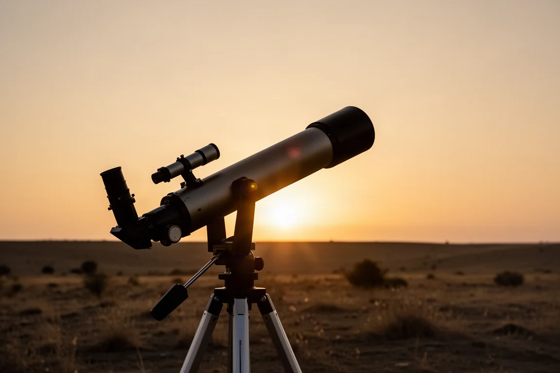 Setup für Sonnenfotografie in der Dämmerung mit auf die tief stehende Sonne gerichtetem Teleskop