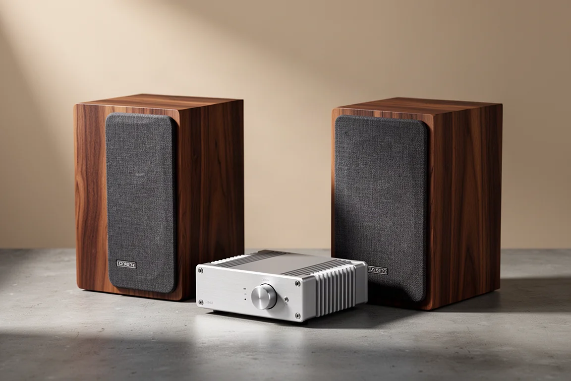 Budget bookshelf speakers with dark wood-grain cabinets beside a small aluminium amplifier on concrete