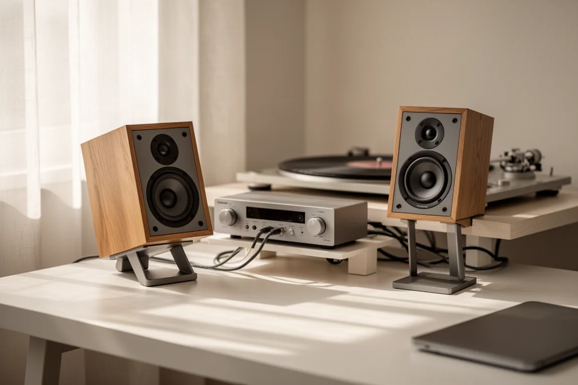Setup de áudio compacto de mesa com pequenas caixas bookshelf e um amplificador slim sob luz do dia