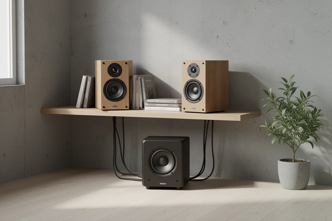 Duas caixas bookshelf compactas e um pequeno subwoofer dispostos em uma sala de estar modesta