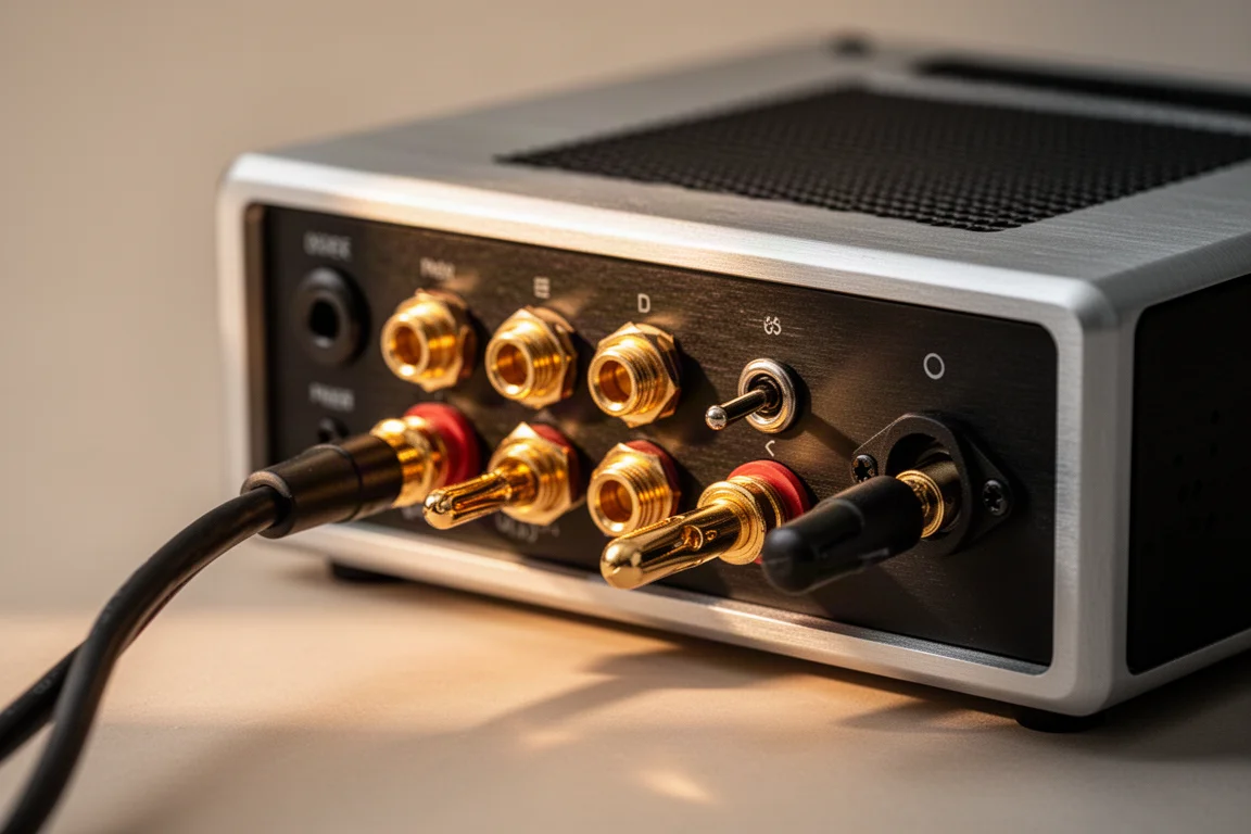 Close-up dos terminais de conexão de caixas com plugs banana no painel traseiro de um amplificador