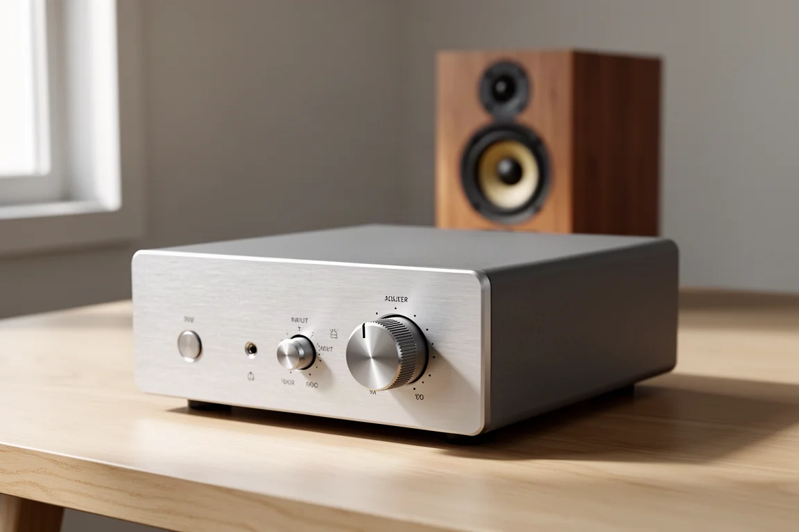 Compact silver and gray two-channel desktop amplifier on an oak surface with a speaker behind it