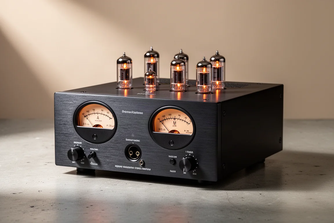 Compact hybrid integrated amplifier with analog meters and glowing vacuum tubes on a concrete surface