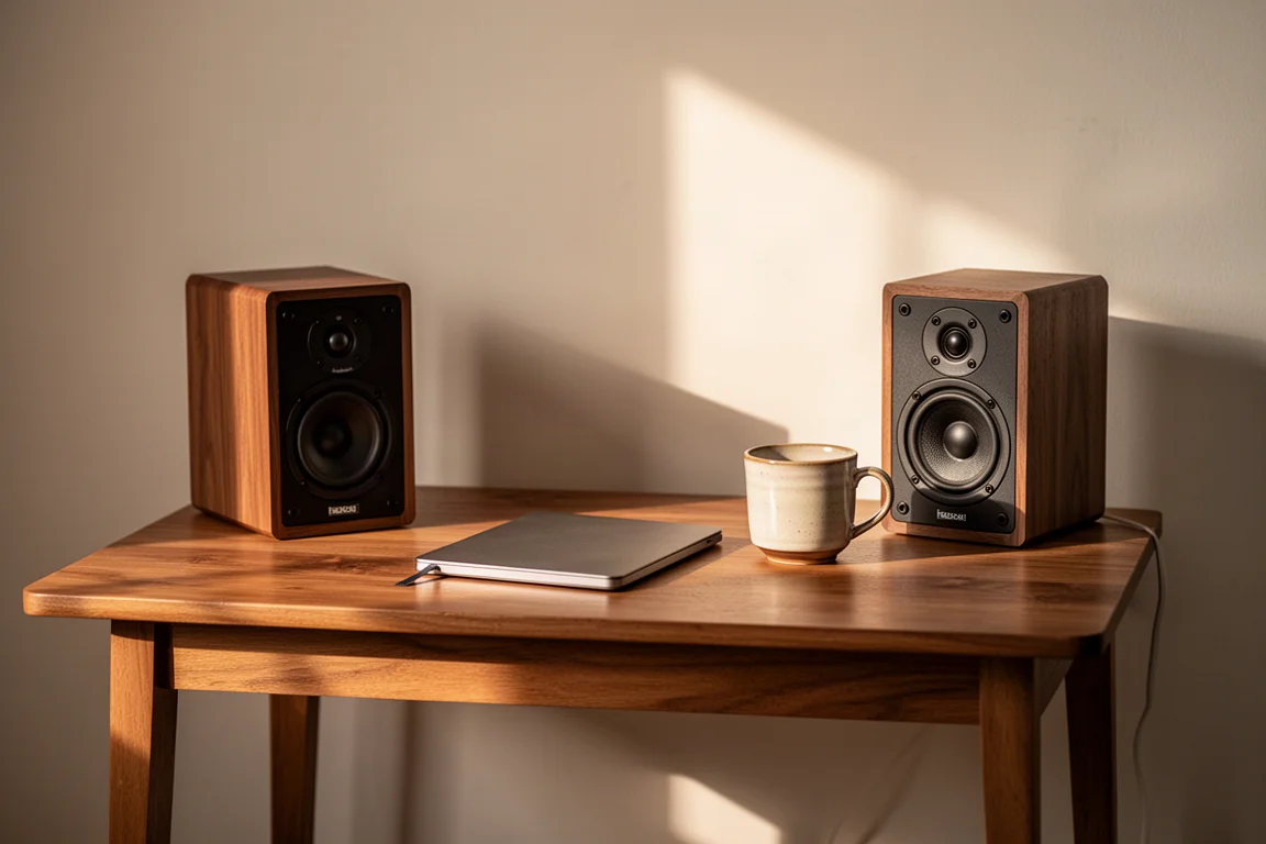 Configuration de bureau à domicile avec deux petites enceintes bibliothèques à côté d'un ordinateur portable et d'un amplificateur compact
