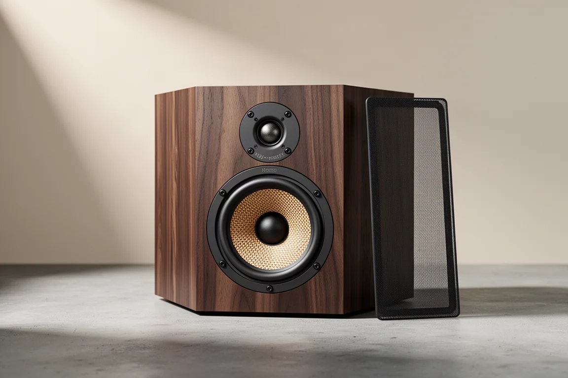 Pair of compact bookshelf speakers with wood-grain cabinets and grilles removed