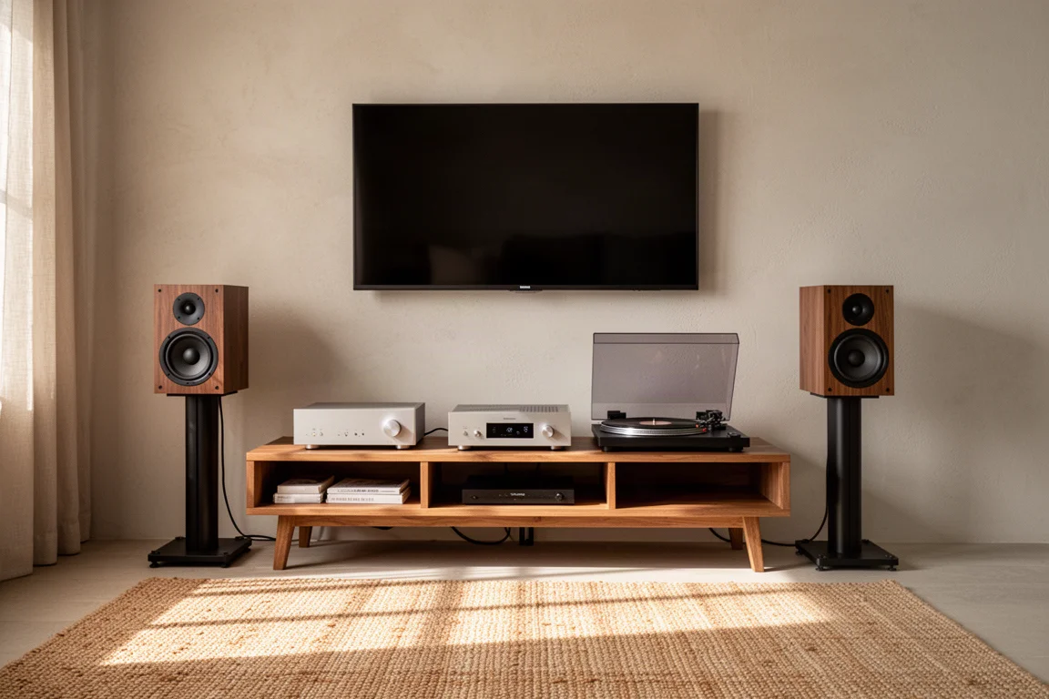 Amplificador compacto em uma prateleira da sala de estar com caixas acústicas, toca-discos e televisão por perto